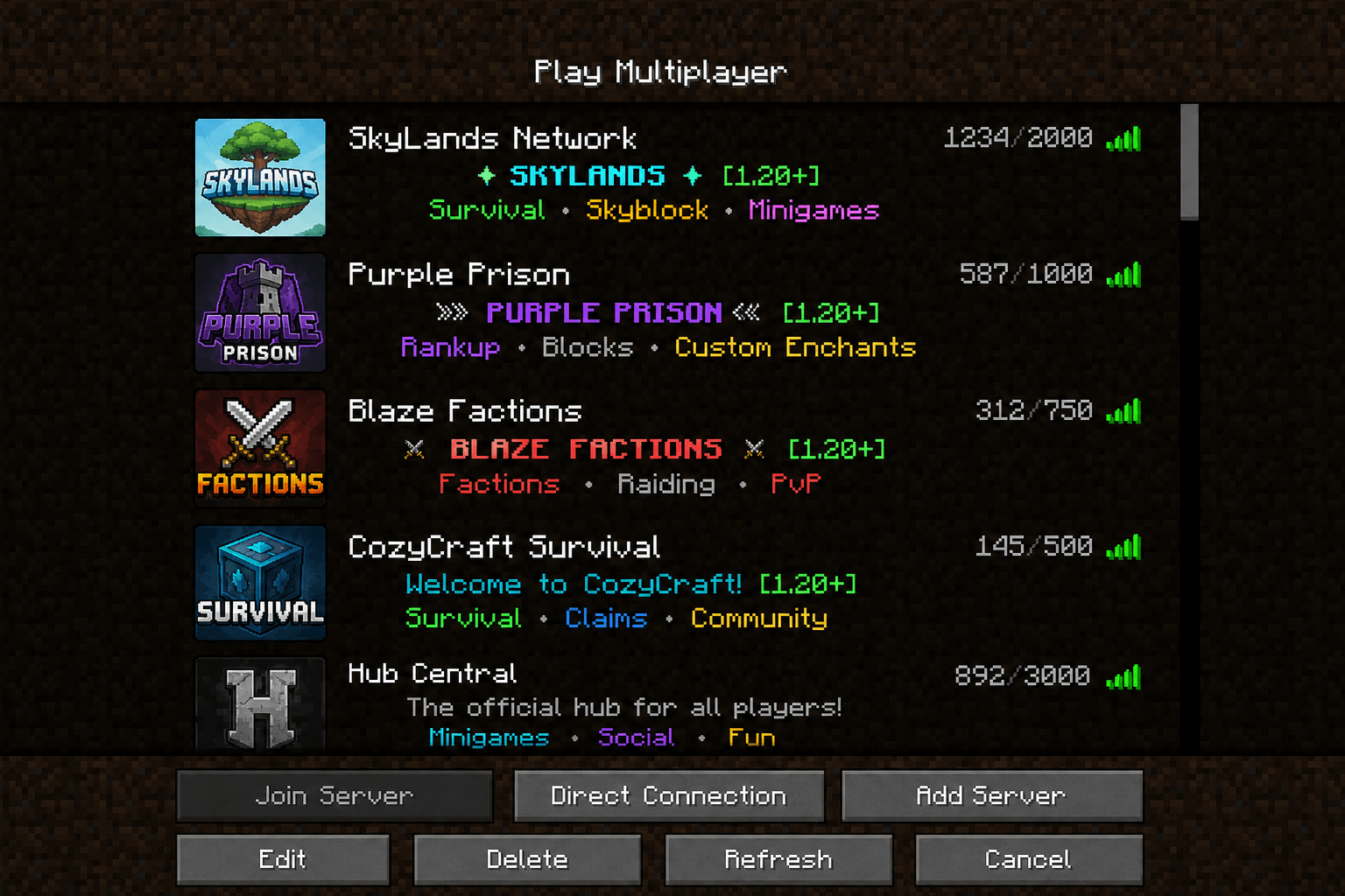 Screenshot of a Minecraft server list website